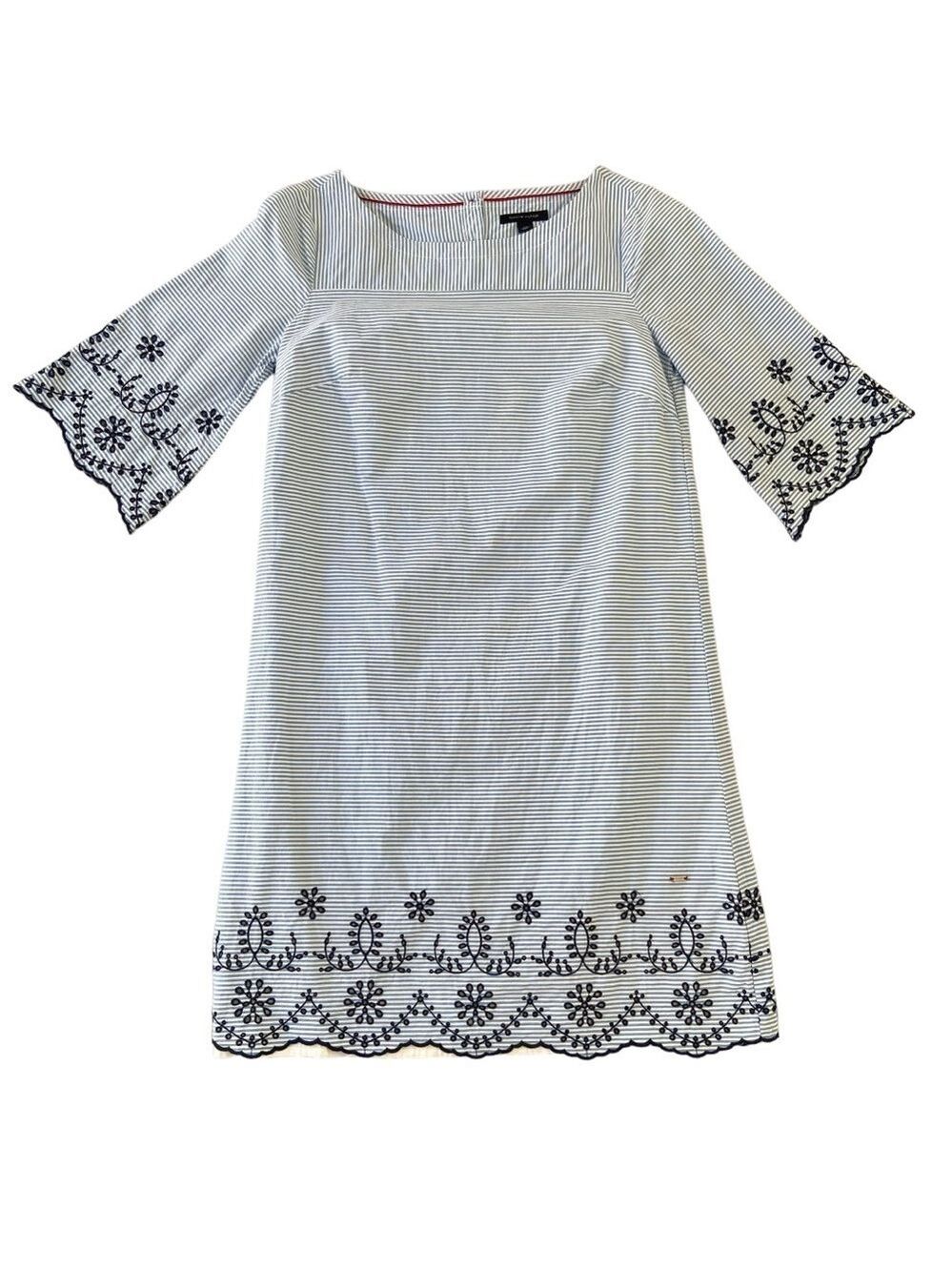 Tommy Hilfiger dress 100% cotton blue white  embroidered 3/4 sleeves Small